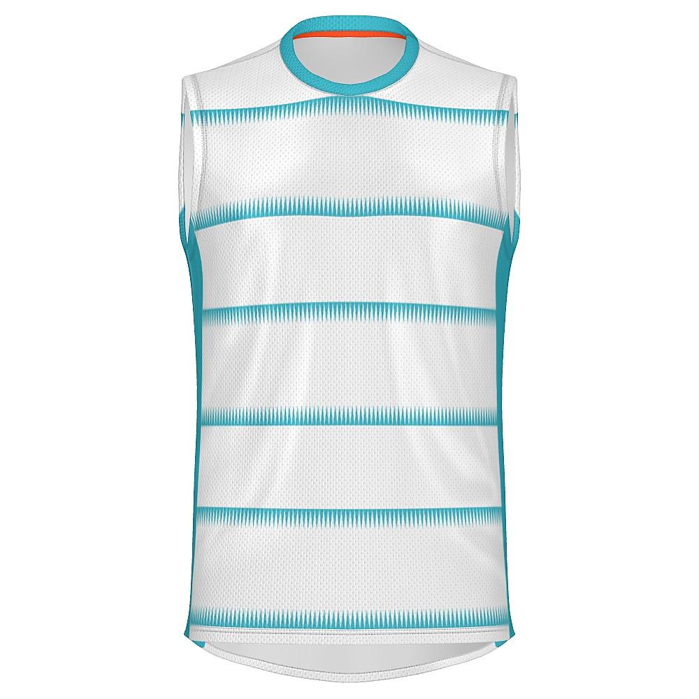 White sleeveless shirt with teal sleeves and sawtooth stripes