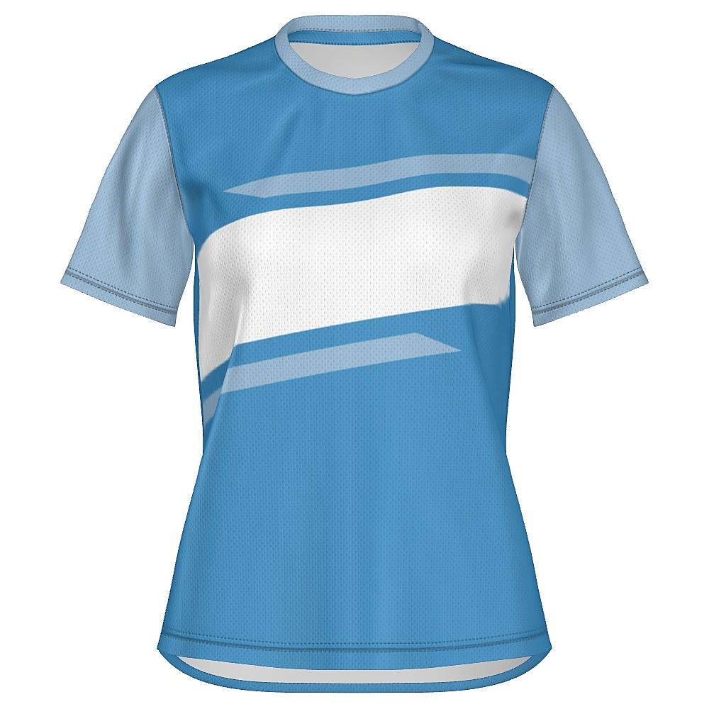 Blue shirt with contrasting sleeves and white horizontal stripe on a white background