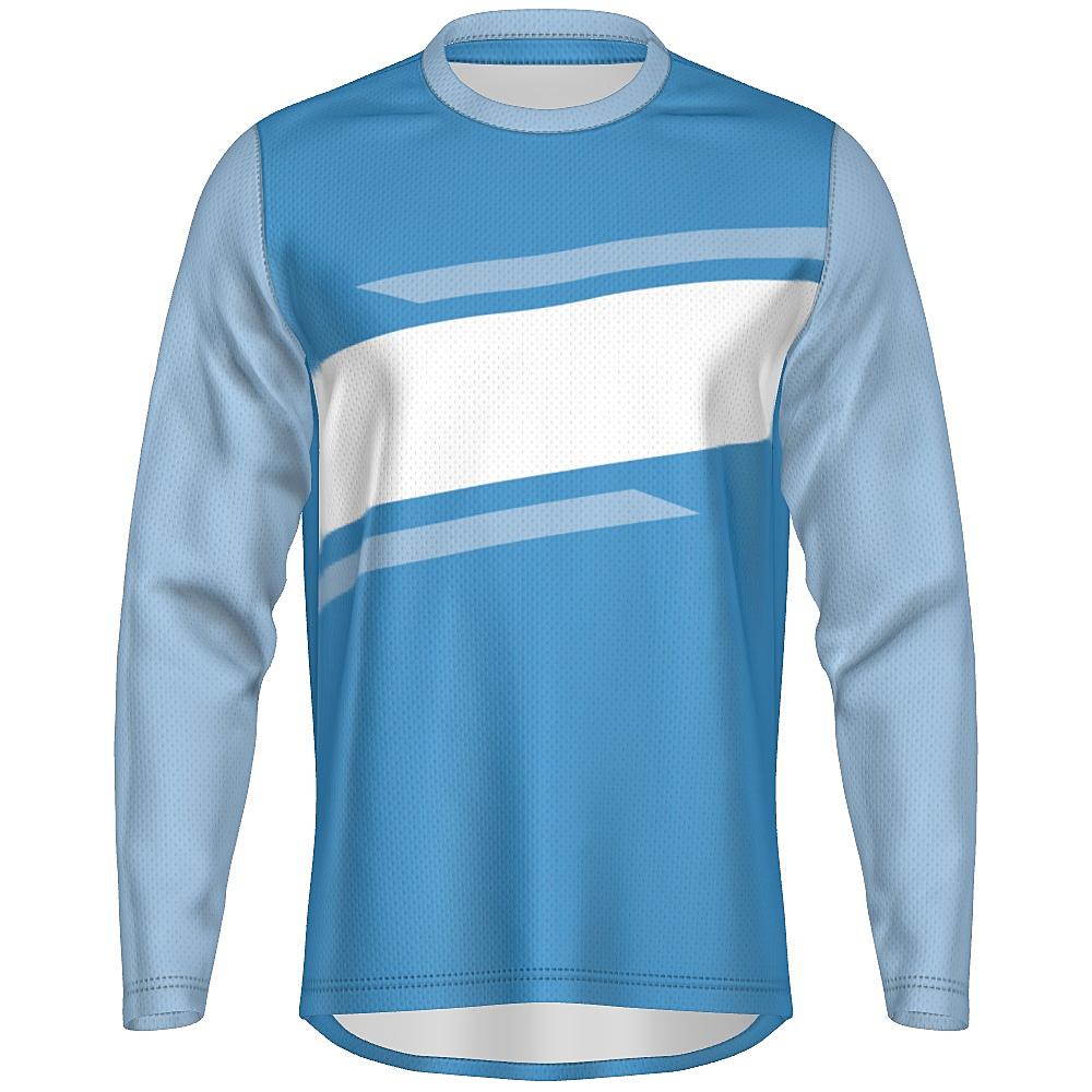 Blue long-sleeve shirt with contrasting sleeves and white horizontal stripe on a white background
