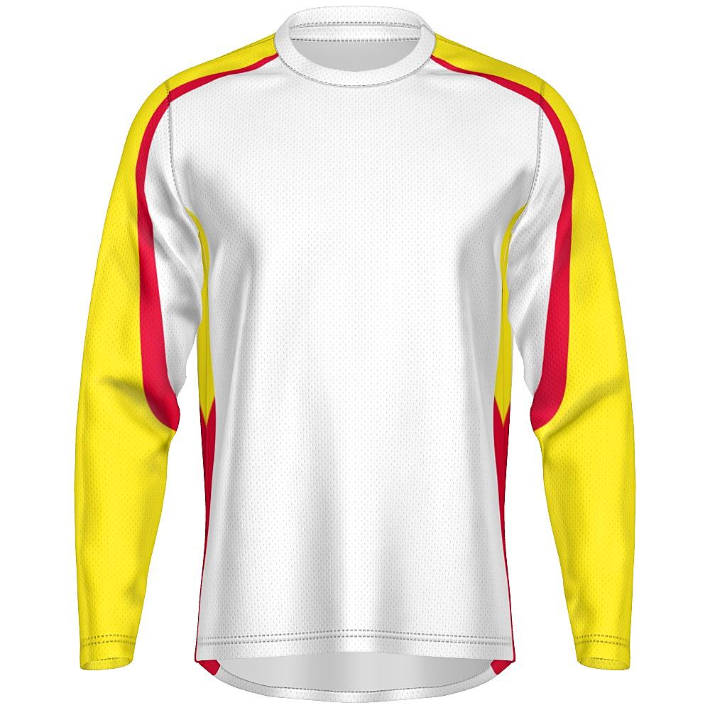 White long-sleeve shirt with yellow and red accents on a white background