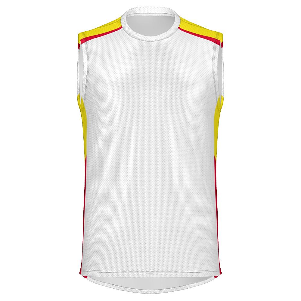 White sleeveless shirt with yellow and red accents on a white background