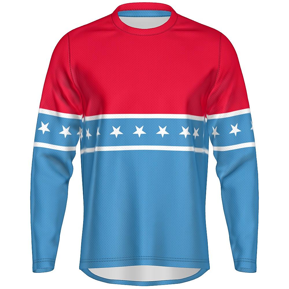 Blue and red long-sleeve shirt with white stars and stripes on a white background
