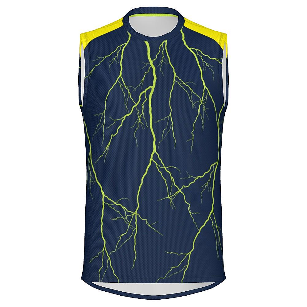 Navy sleeveless shirt with yellow shoulders and lightning design on a white background