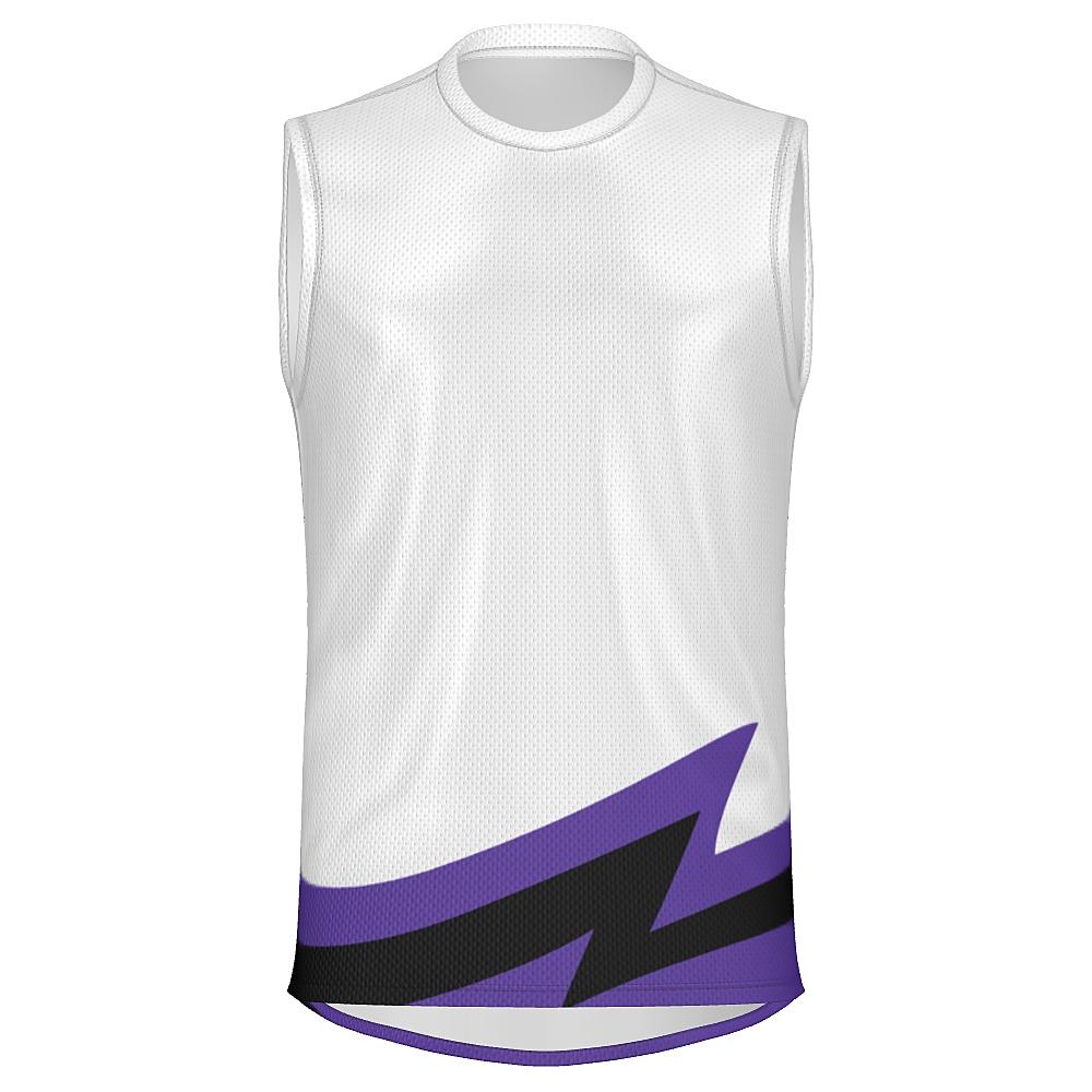 White sleeveless shirt with black and purple accents on a white background