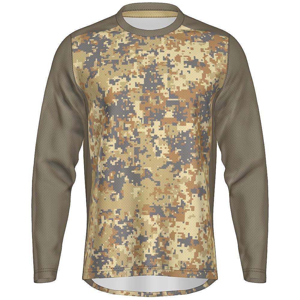 Earth-tone long-sleeve shirt with digital camo design on a white background