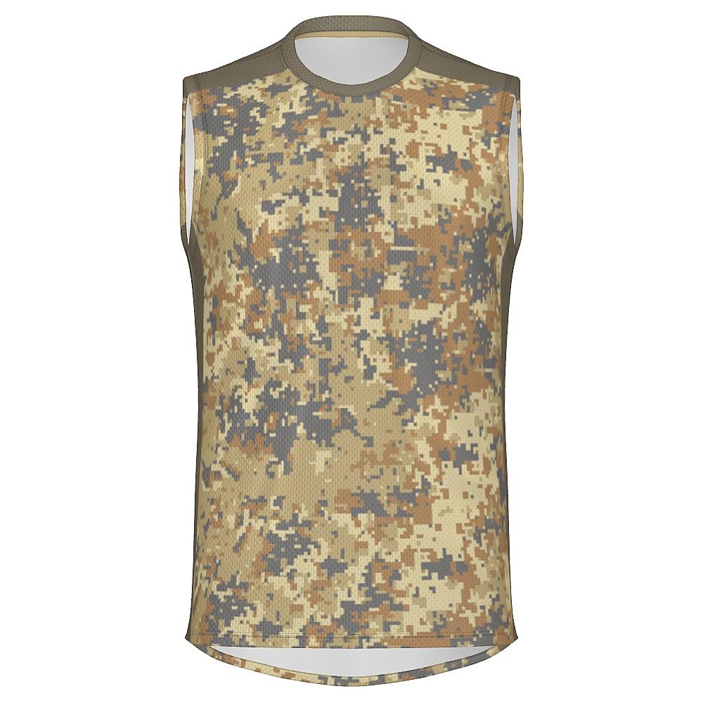 Earth-tone sleeveless shirt with digital camo design on a white background