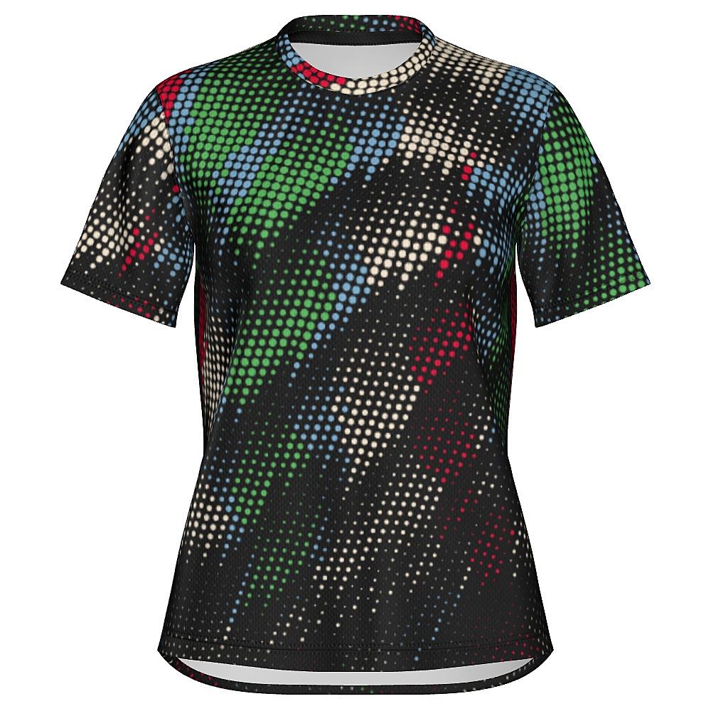 Black shirt with multicolored dot pattern on a white background