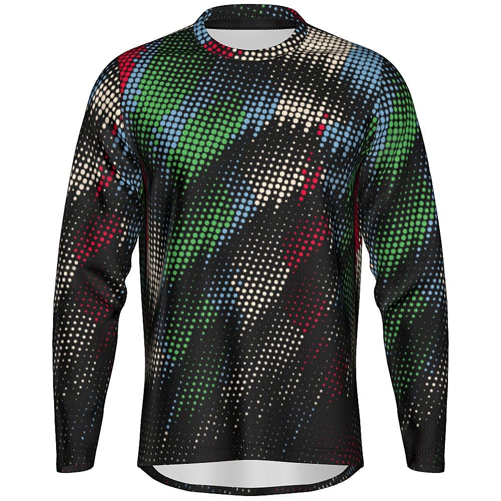 Black long-sleeve shirt with multicolored dot pattern on a white background