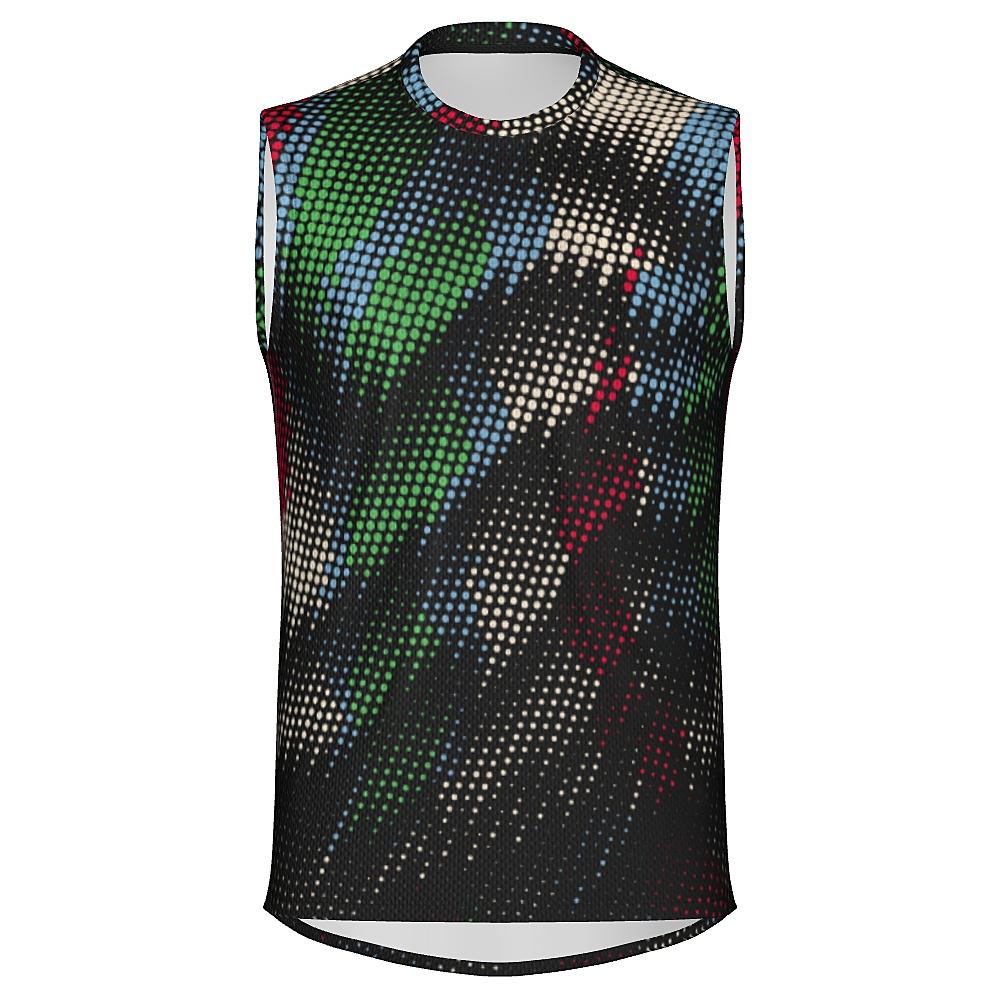 Black sleeveless shirt with multicolored dot pattern on a white background