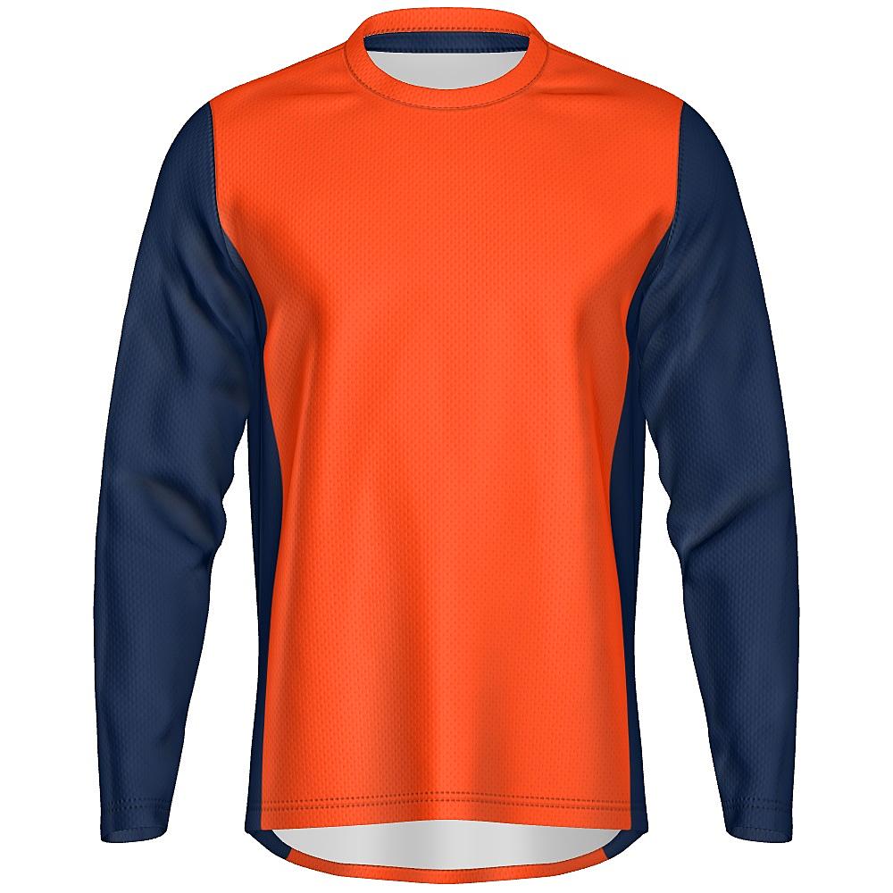 Navy and orange long-sleeve shirt on a white background
