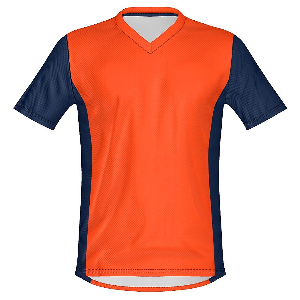 Orange shirt with navy sleeves and side panels on a white background