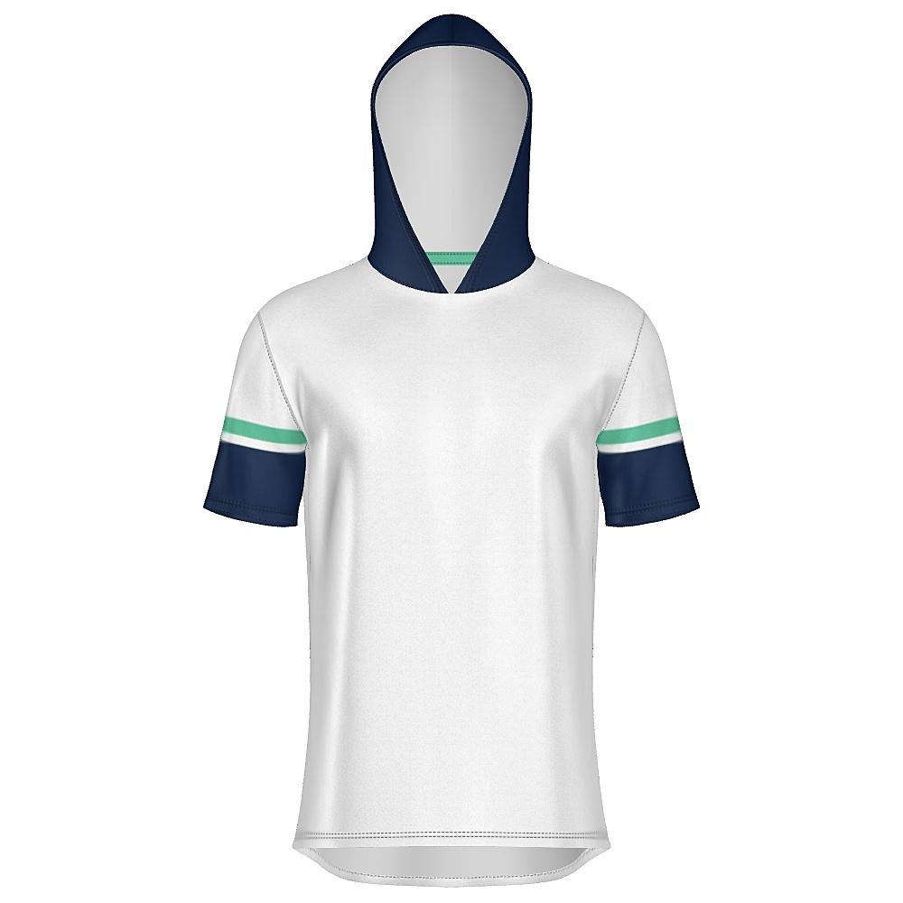 White short-sleeve hoodie with navy and green accents on a white background