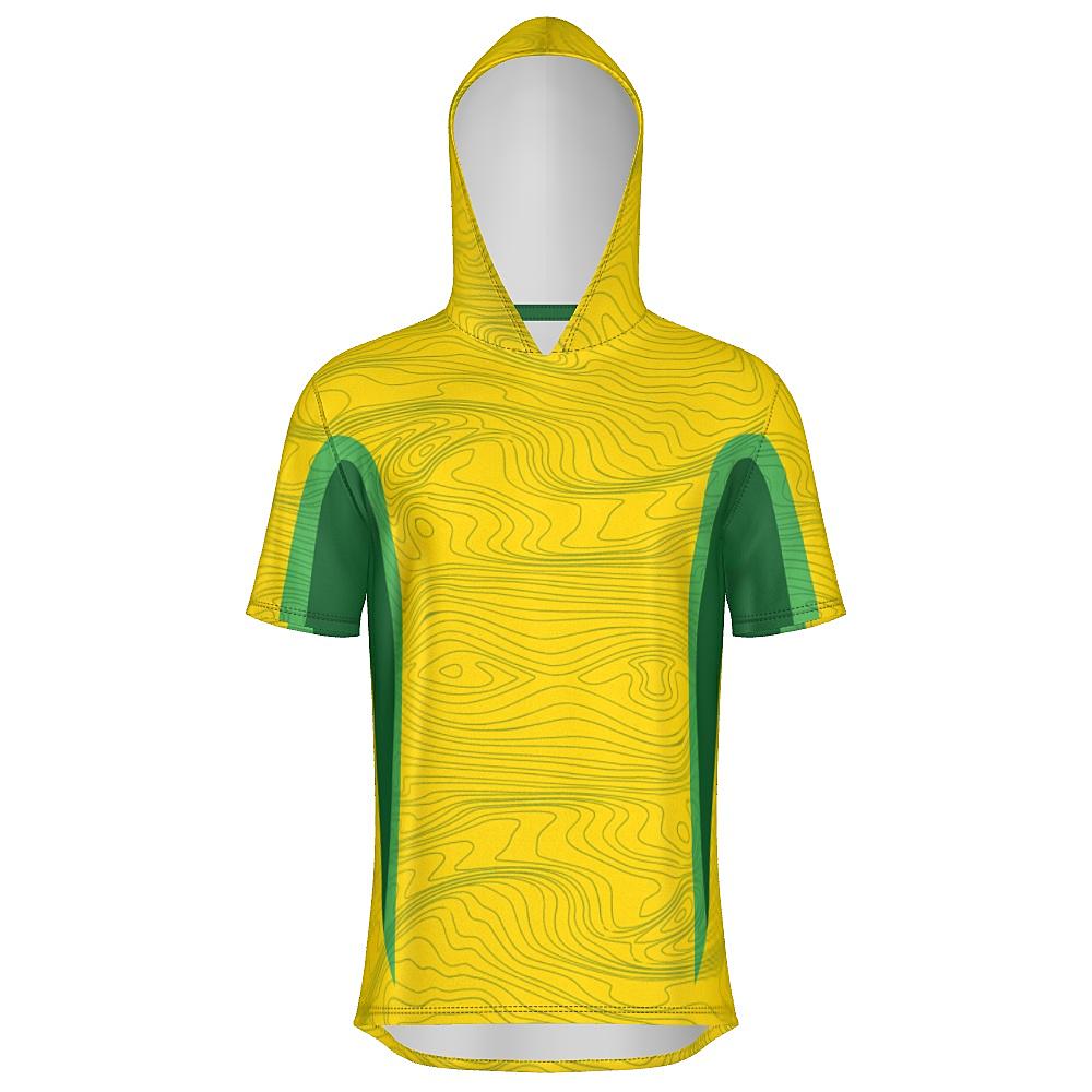 Yellow short-sleeve hoodie with topography design and green accents on a white background