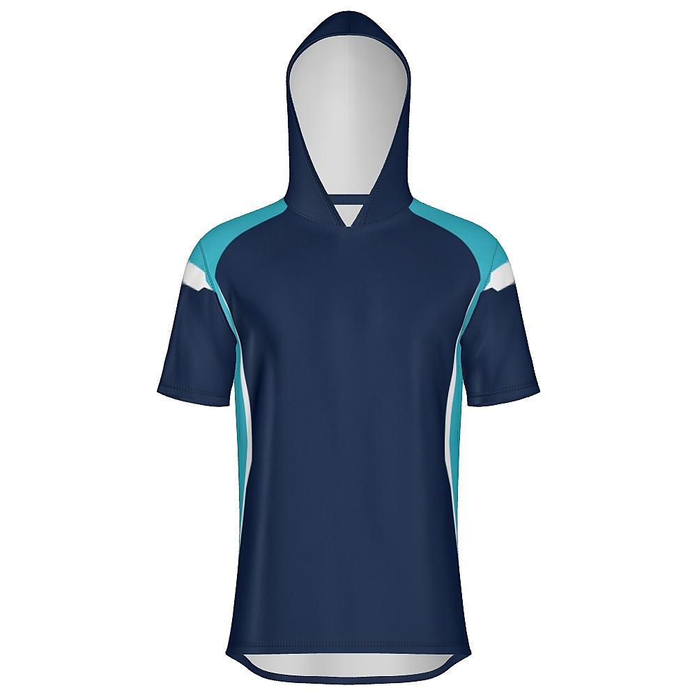Navy short-sleeve hoodie with light blue and white accents on a white background