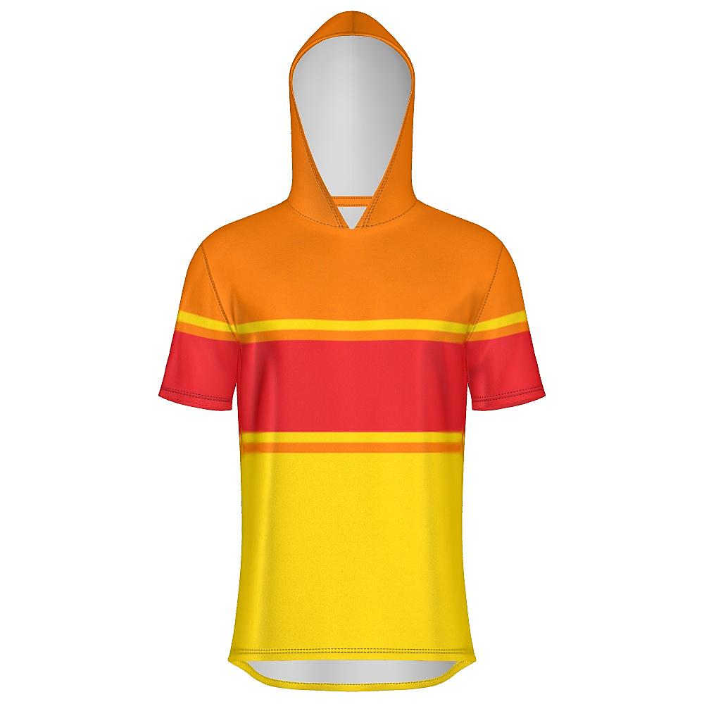 Red, orange and yellow short-sleeve hoodie on a white background