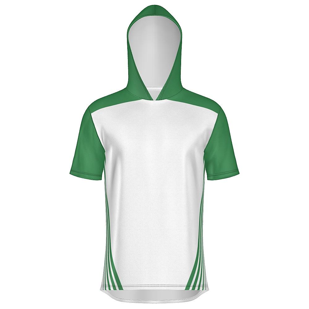White short-sleeve hoodie with green accents on a white background