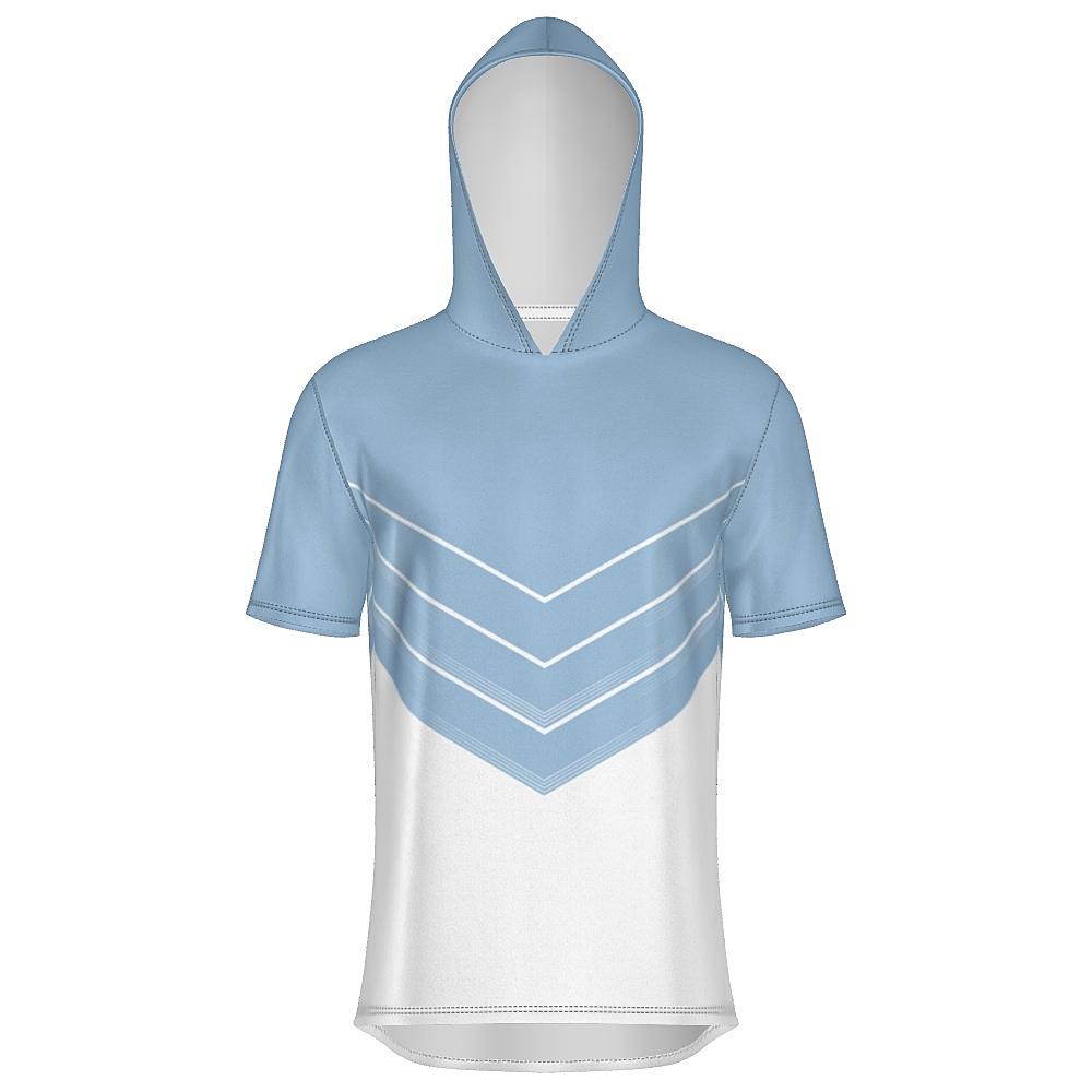 Blue and white short-sleeve hoodie with chevron design on a white background