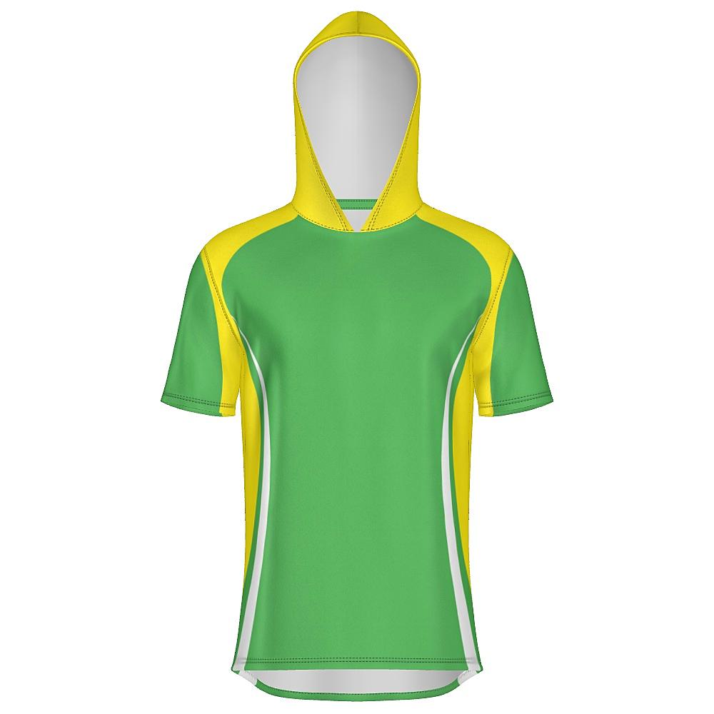 Green short-sleeve hoodie with yellow and white accents on a white background