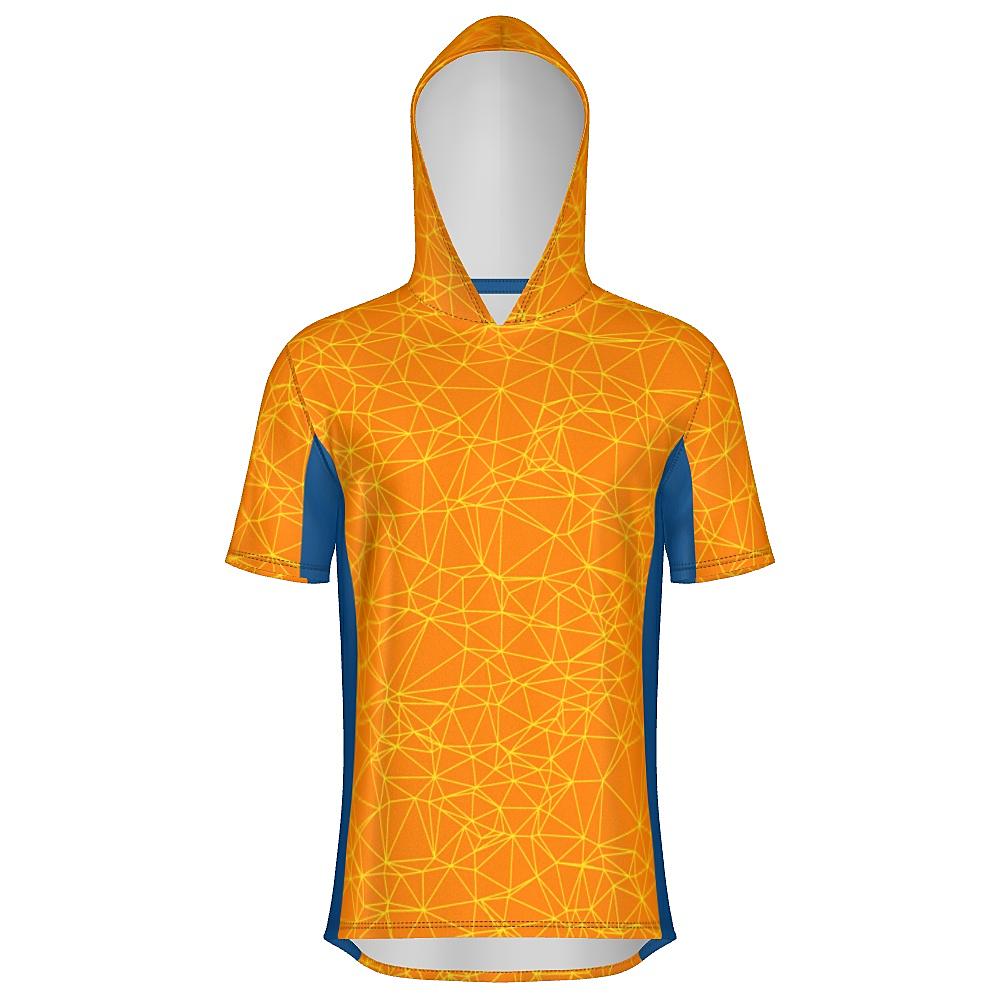 Orange short-sleeve hoodie with yellow geometric design and blue accents on a white background