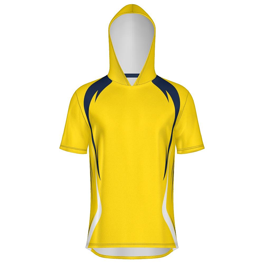 Yellow short-sleeve hoodie with navy and white accents on a white background