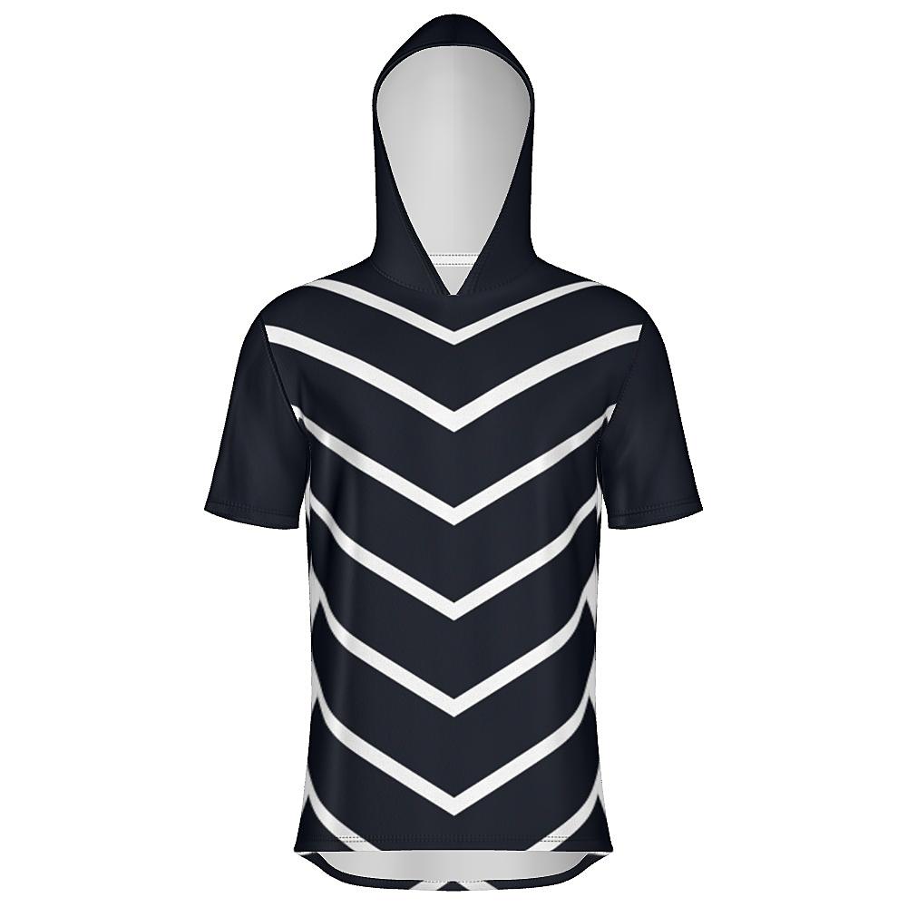Black short-sleeve hoodie with white chevrons on a white background