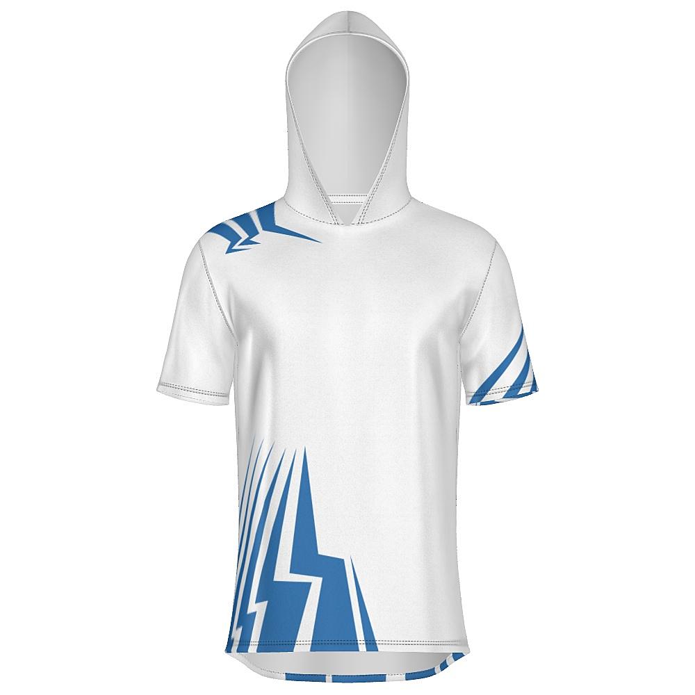 White short-sleeve hoodie with blue bolt-shaped accents on a white background