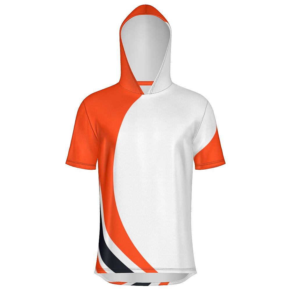 White short-sleeve hoodie with black and orange curved stripes on a white background