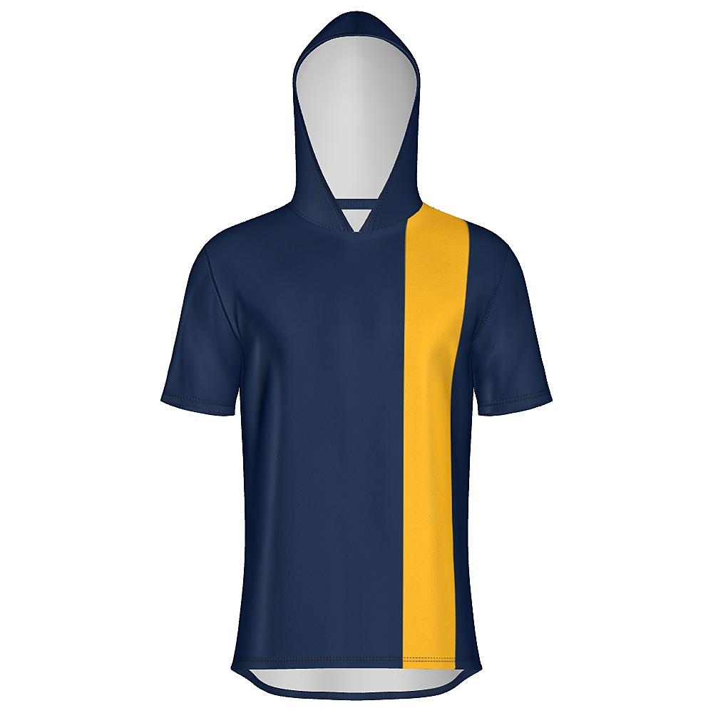 Navy short-sleeve hoodie with yellow stripes on a white background