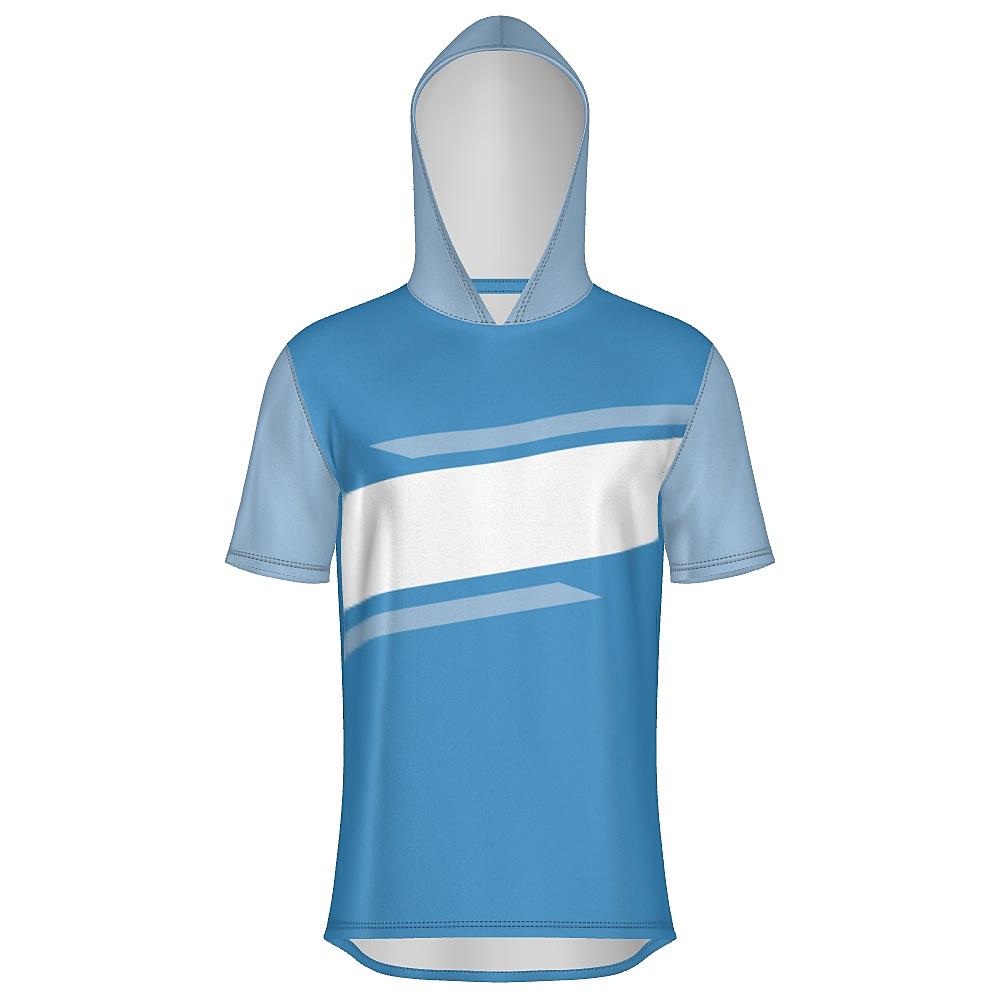 Blue short-sleeve hoodie with contrasting sleeves & hood and white horizontal stripe on a white background