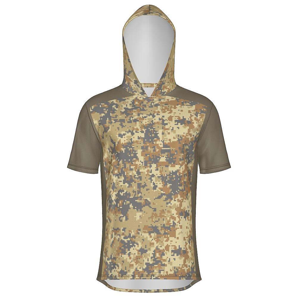 Earth-tone short-sleeve hoodie with digital camo design on a white background
