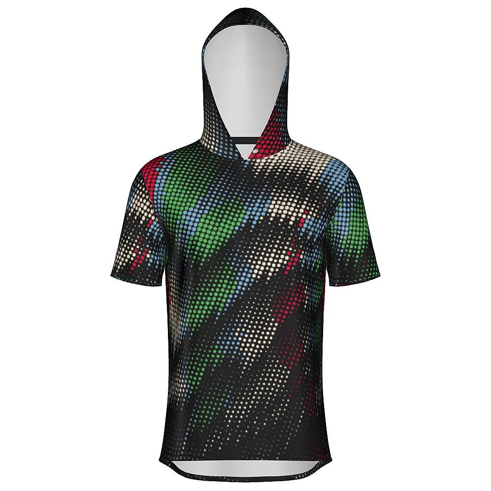 Black short-sleeve hoodie with multicolored dot pattern on a white background