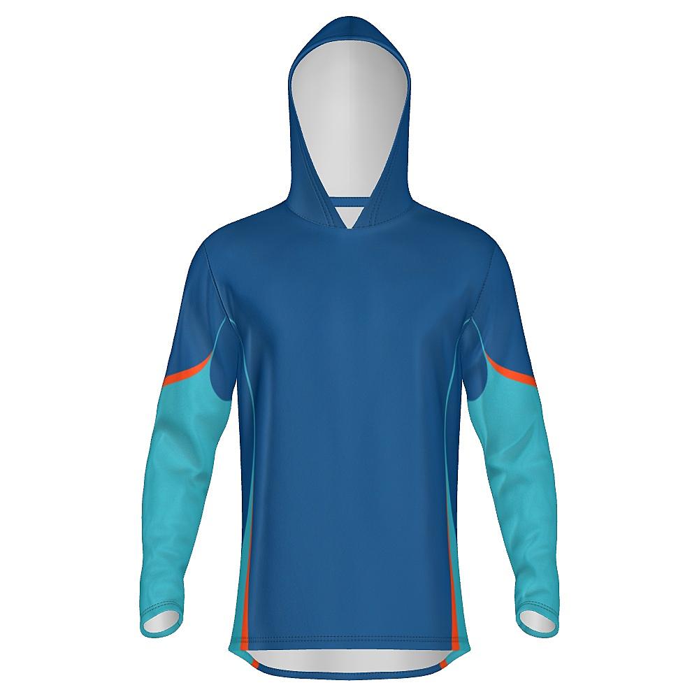 Blue hoodie with teal and orange accents on a white background