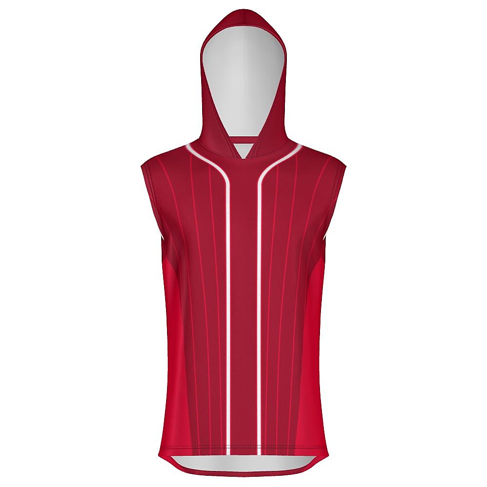 Red sleeveless hoodie with pinstripe design on a white background