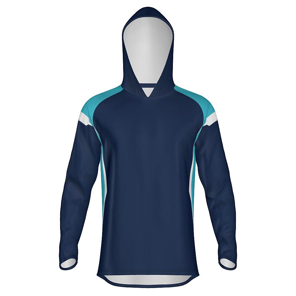 Navy hoodie with light blue and white accents on a white background