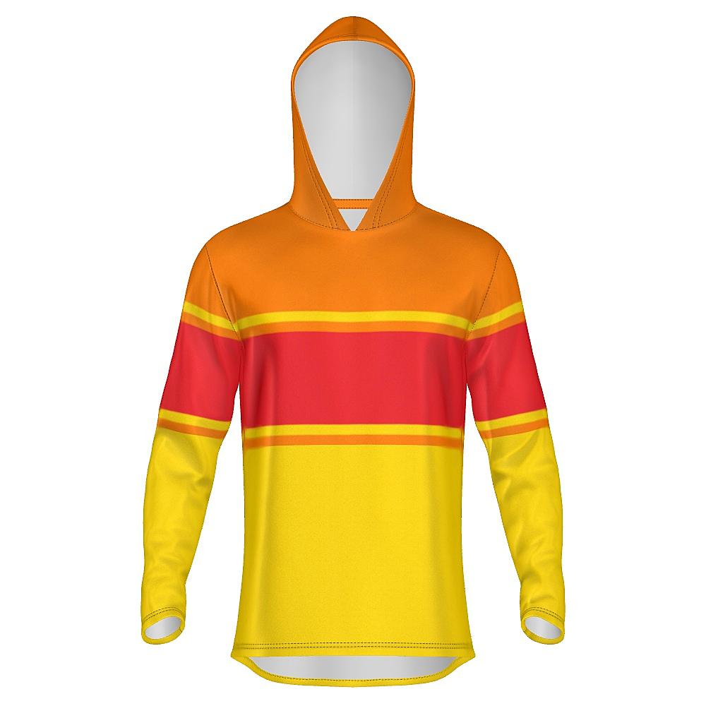 Red, orange and yellow hoodie on a white background