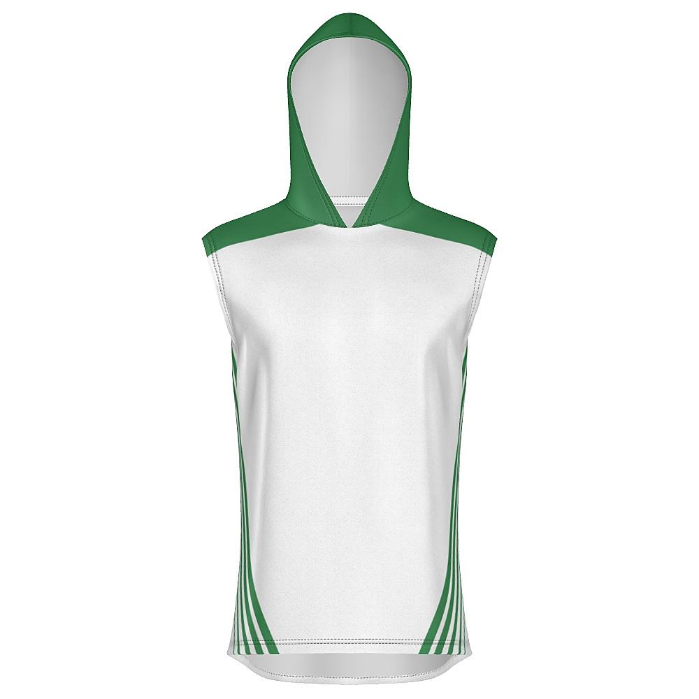 White sleeveless hoodie with green accents on a white background