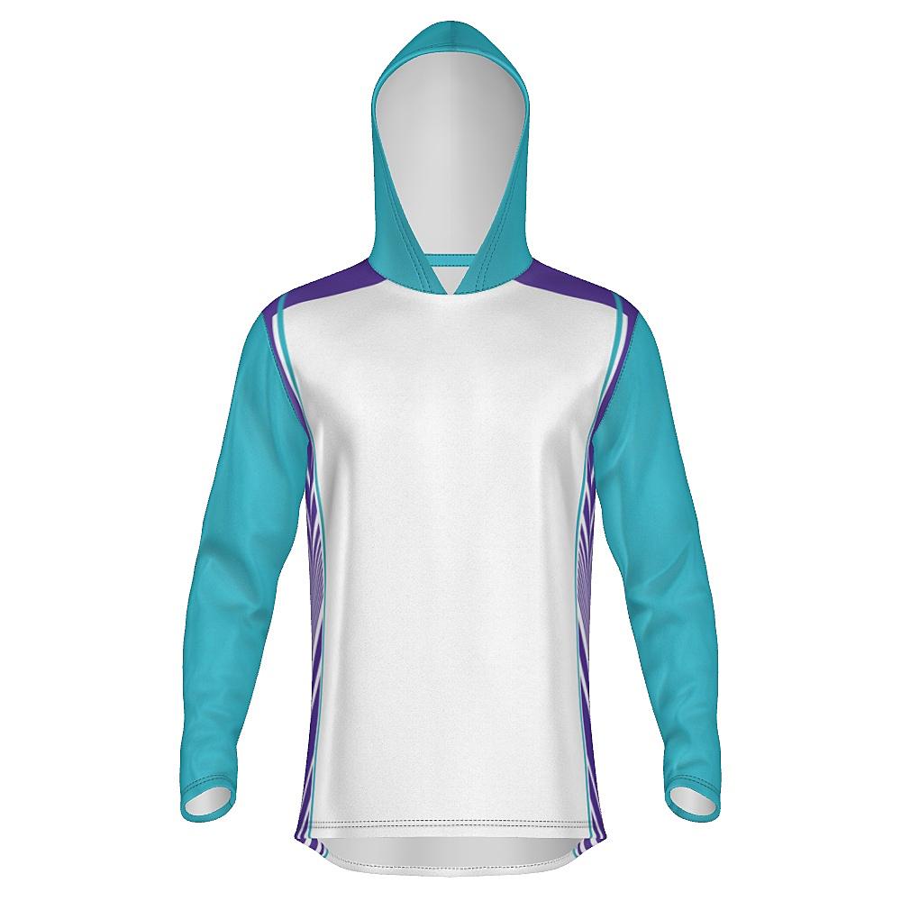 White hoodie with teal and purple accents on a white background