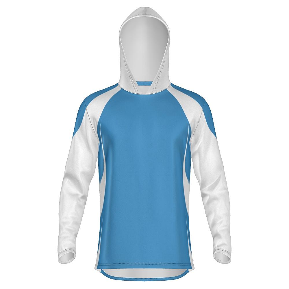 Blue hoodie with white accents on a white background