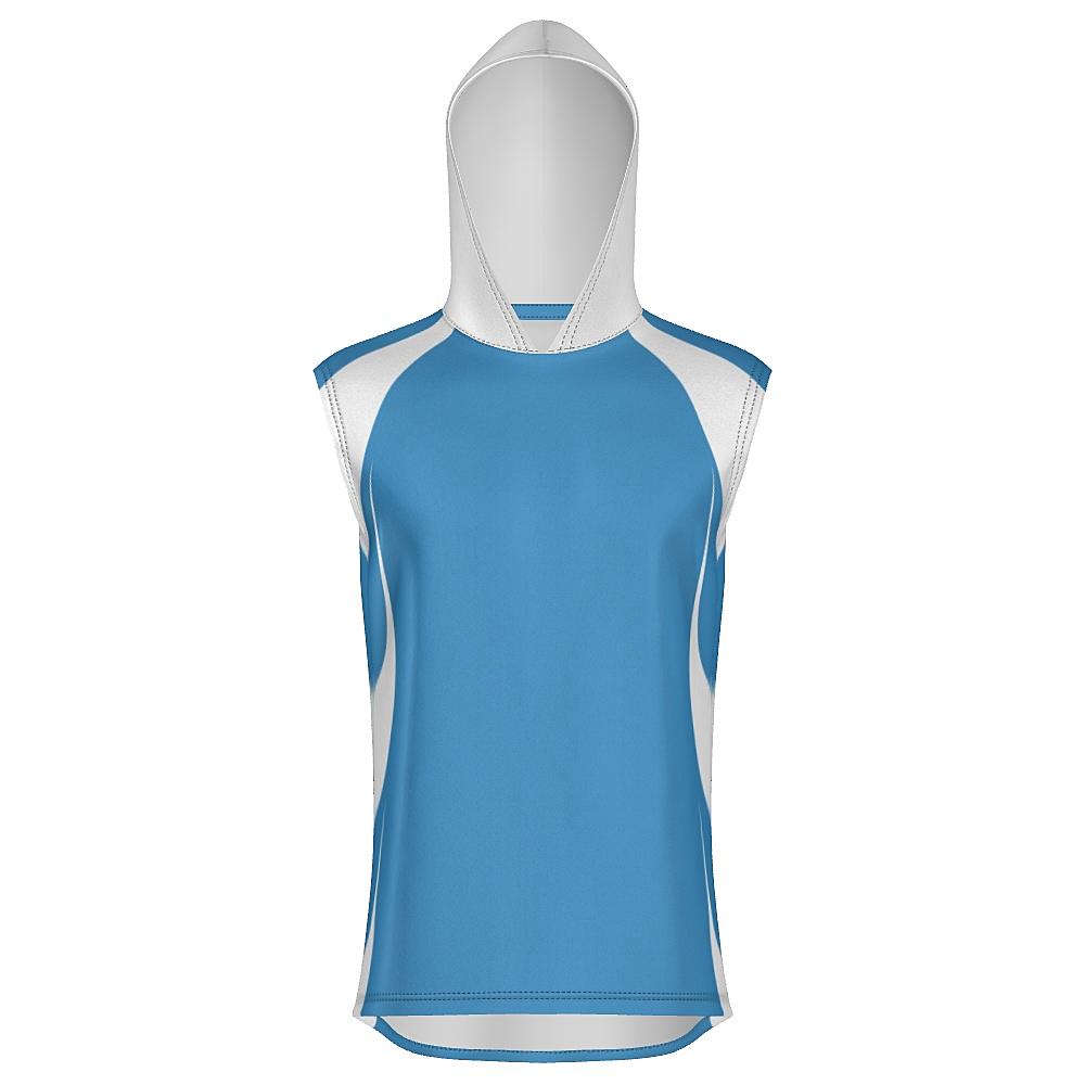 Blue sleeveless hoodie with white accents on a white background