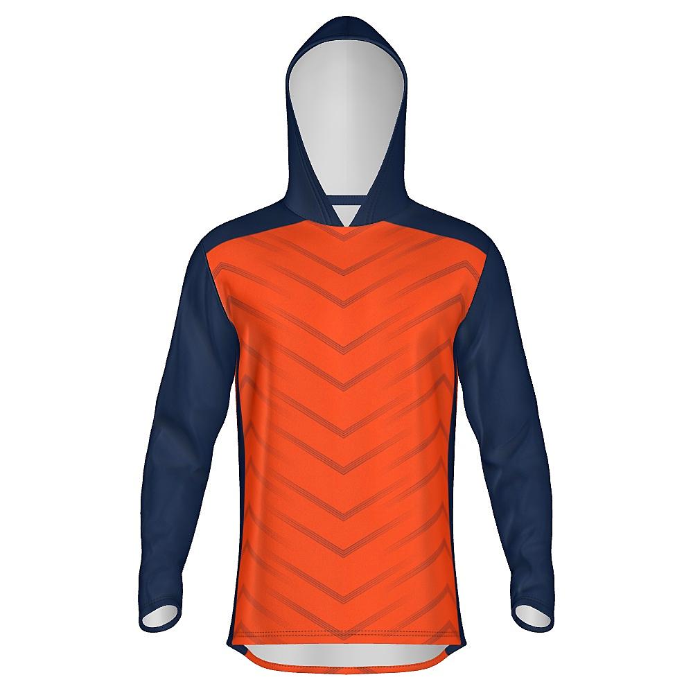 Orange hoodie with navy accents and chevron design on a white background