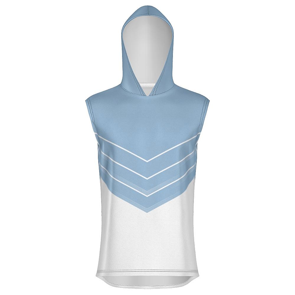 Blue and white sleeveless hoodie with chevron design on a white background