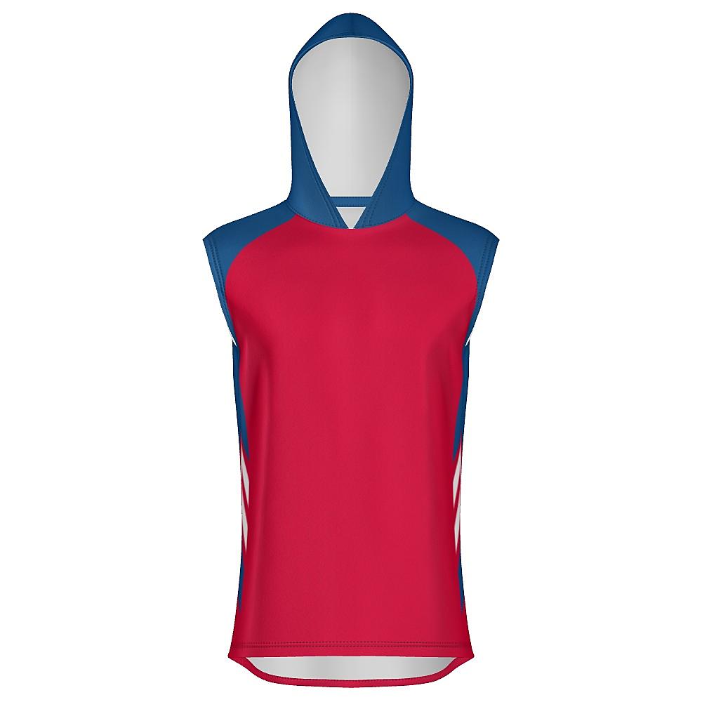 Red sleeveless hoodie with blue and white accents on a white background