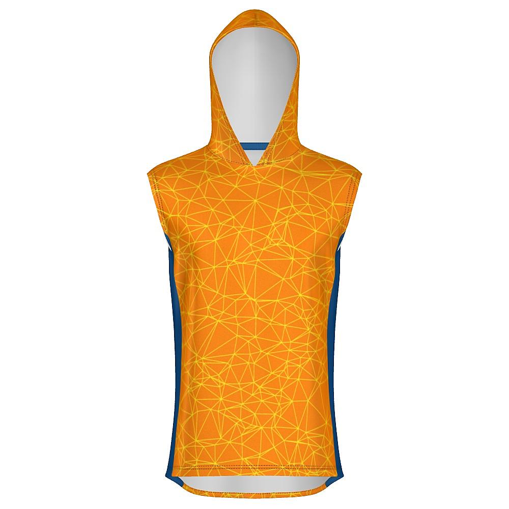 Orange sleeveless hoodie with yellow geometric design and blue accents on a white background