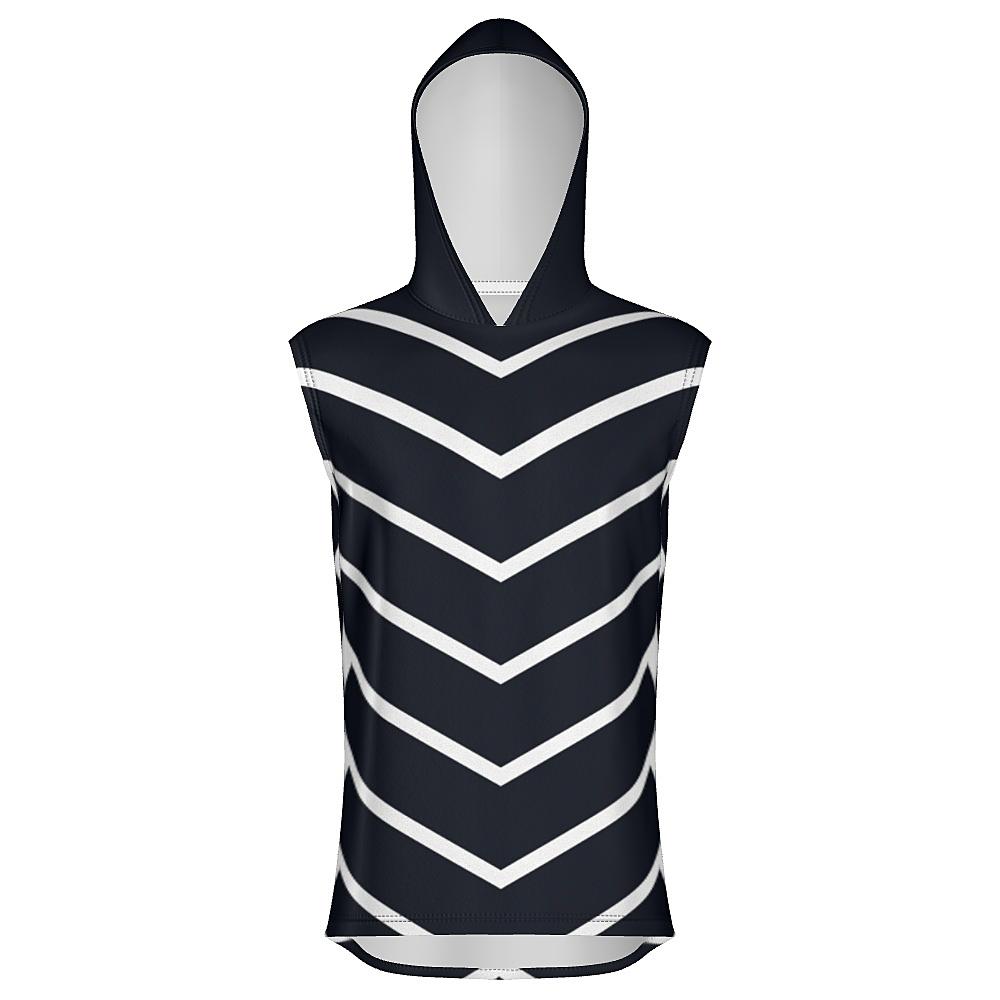 Black sleeveless hoodie with white chevrons on a white background