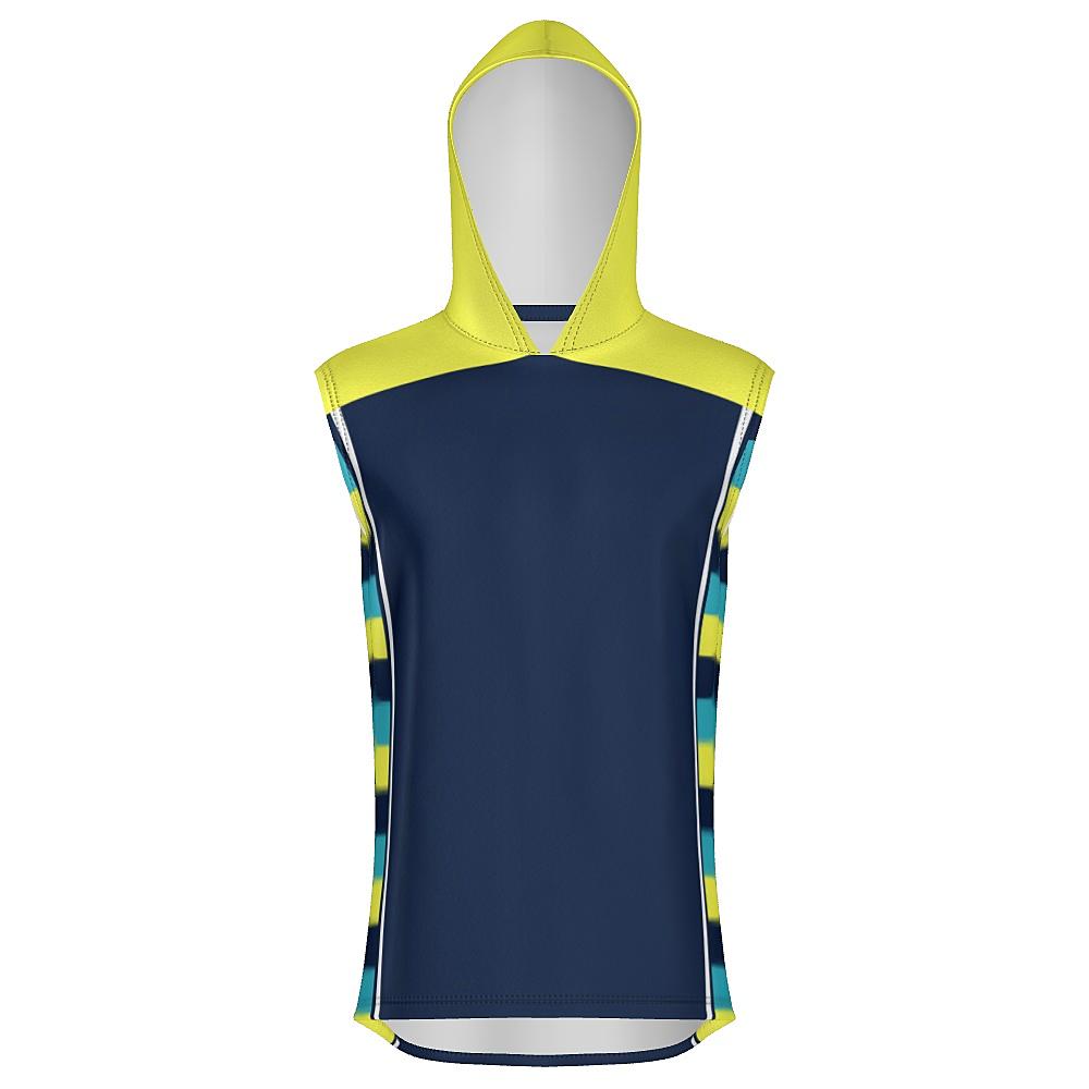 Navy sleeveless hoodie with yellow hood and striped side panels on a white background