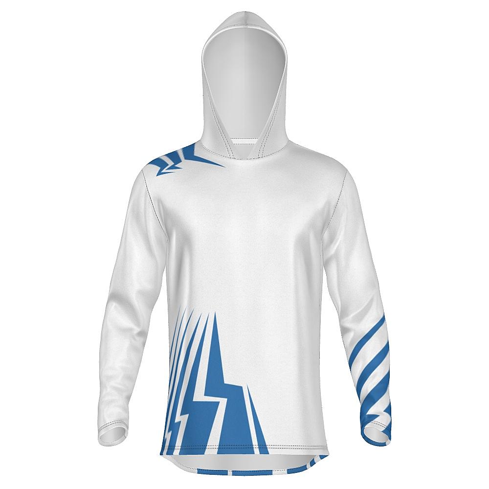 White hoodie with blue bolt-shaped accents on a white background