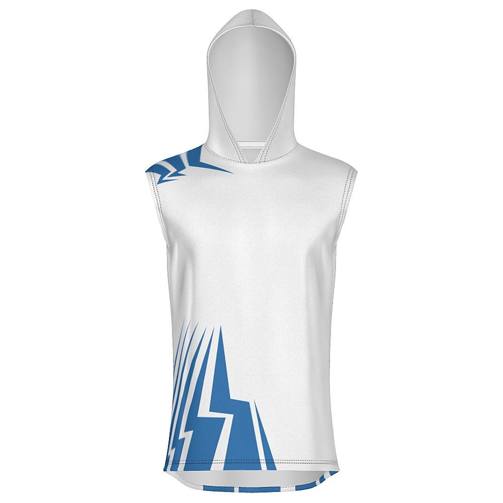White sleeveless hoodie with blue bolt-shaped accents on a white background