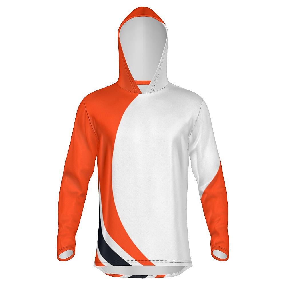 White hoodie with black and orange curved stripes on a white background