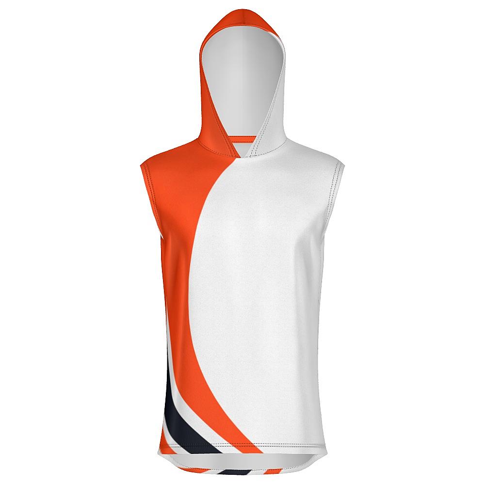 White sleeveless hoodie with black and orange curved stripes on a white background