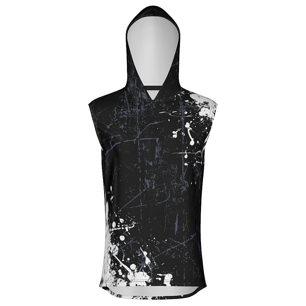 Black sleeveless hoodie with white and grey distressed design on a white background